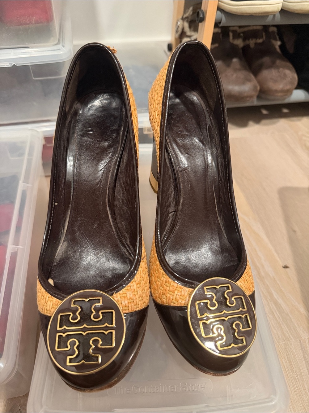 Tory Burch Brown and Tan Woven Logo Cap-Toe Pumps